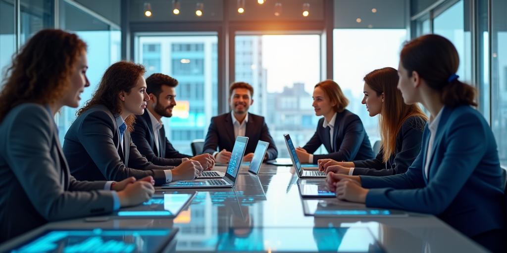 Team che collabora in un moderno ufficio con grafici finanziari sullo sfondo